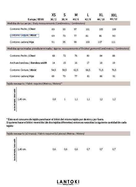 Bikini Uda – patrón de costura PDF, cuadro tallas